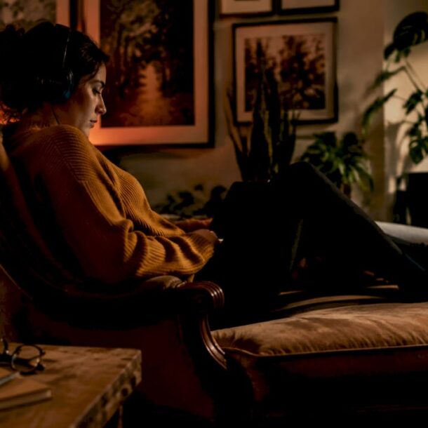 Woman listening to nocturnal soundscapes at home