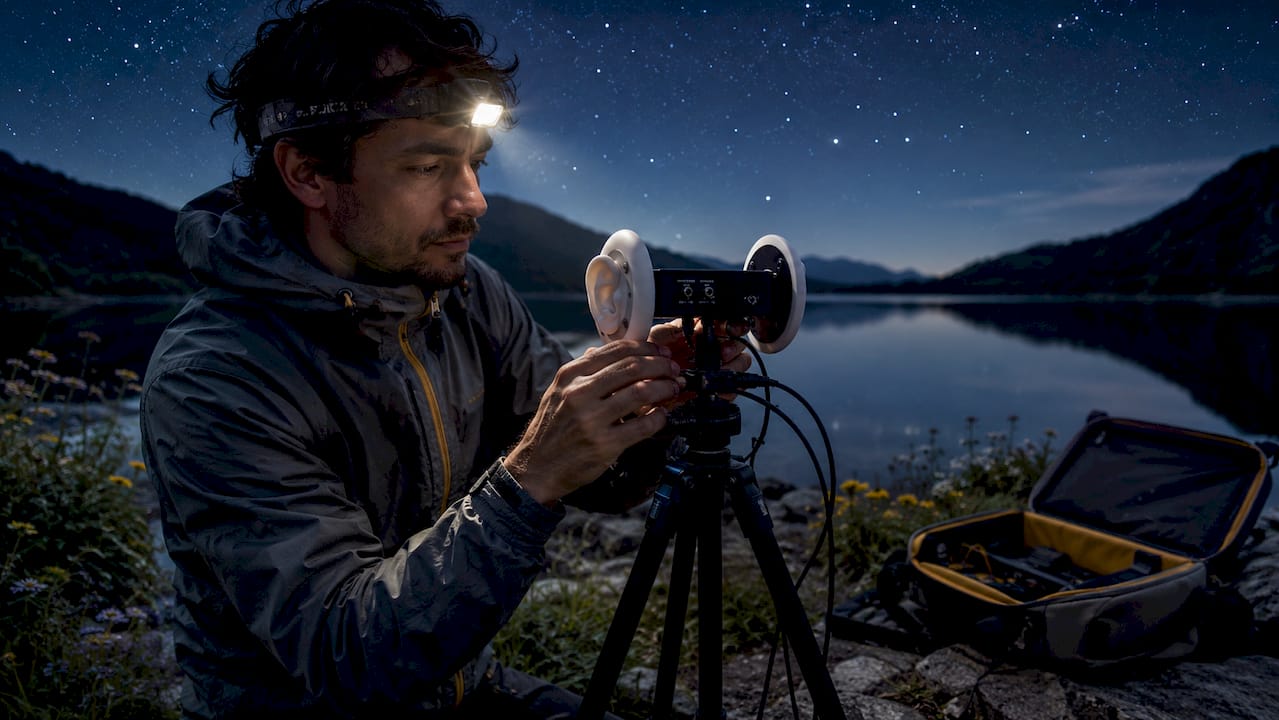 Sound artist setting up nighttime field recording gear