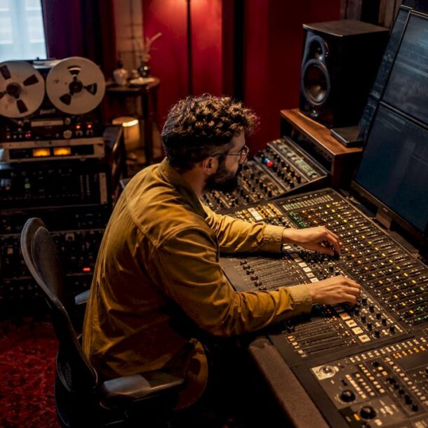 Sound engineer working on mixing console