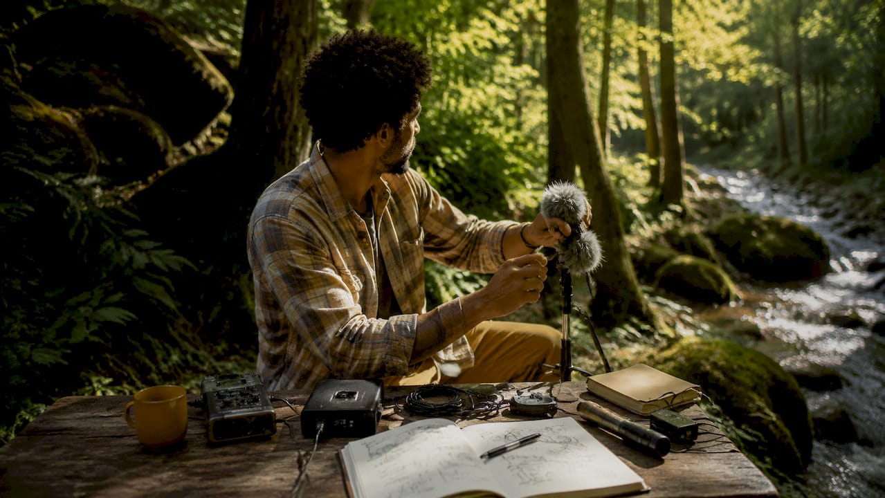 Sound designer's workstation with recording gear