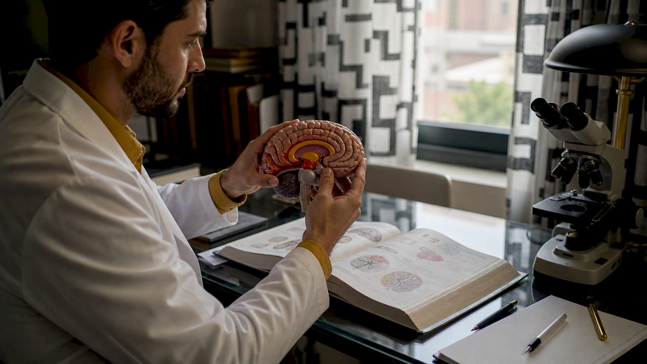 Hands holding brain model highlighting limbic system