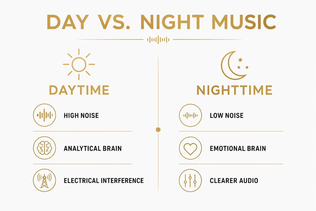 Infographic comparing day versus night music listening factors