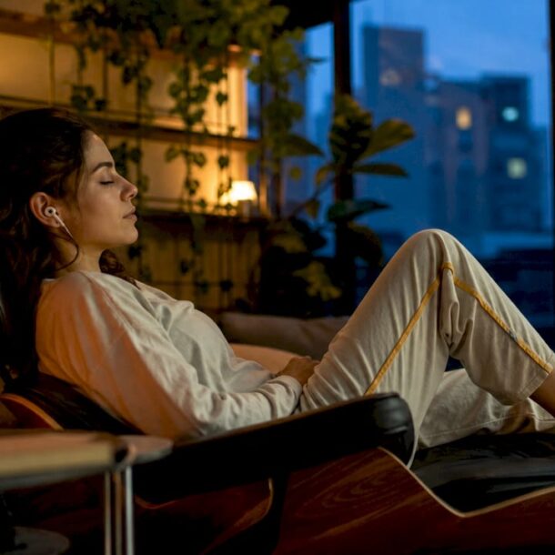 Woman relaxing in bedroom listening to ambient music