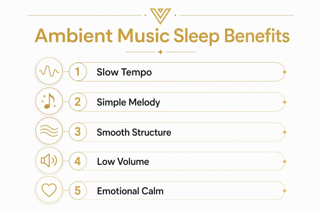 Infographic illustrating five key features of ambient music for sleep