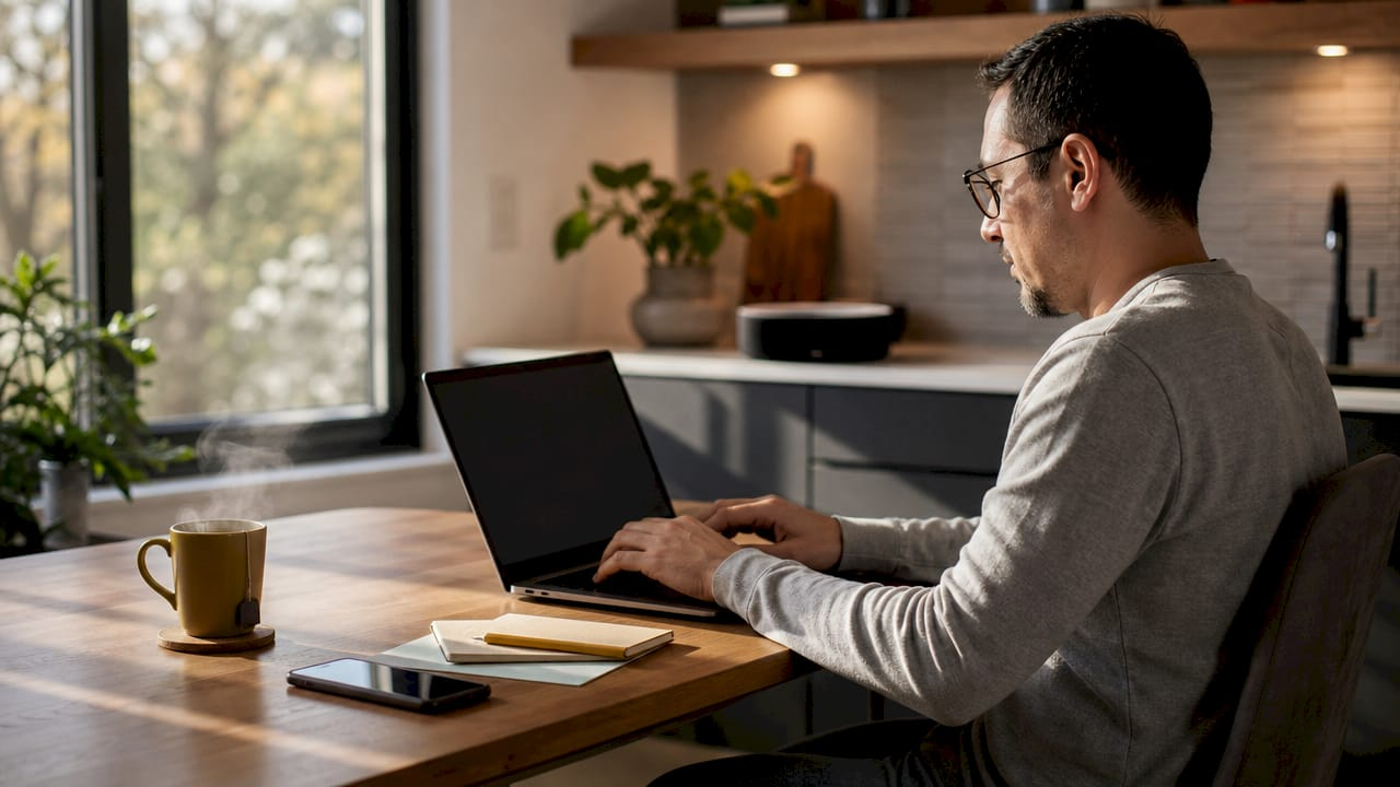 Man typing at desk with background music