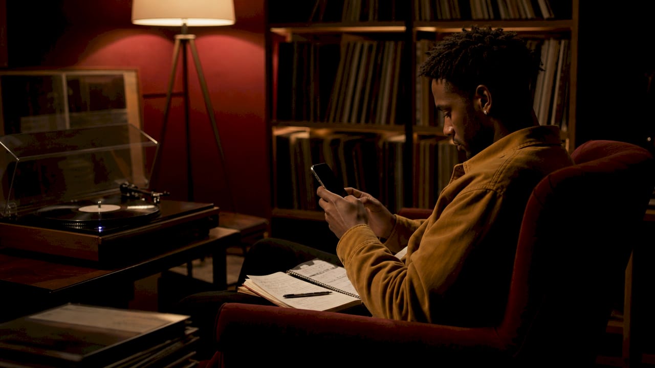 Hands holding phone browsing music playlist at night