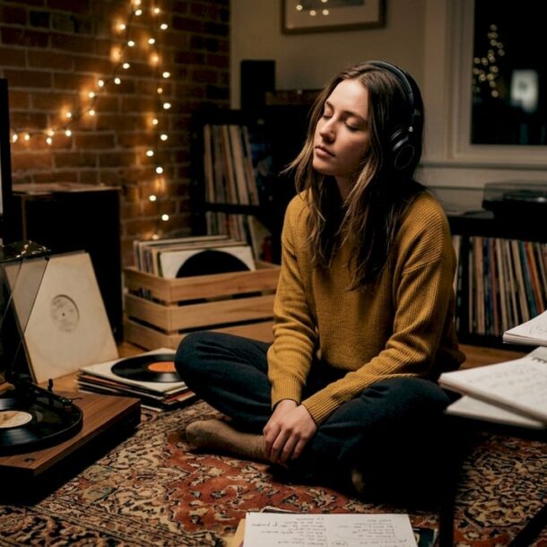 Woman listening to music at night