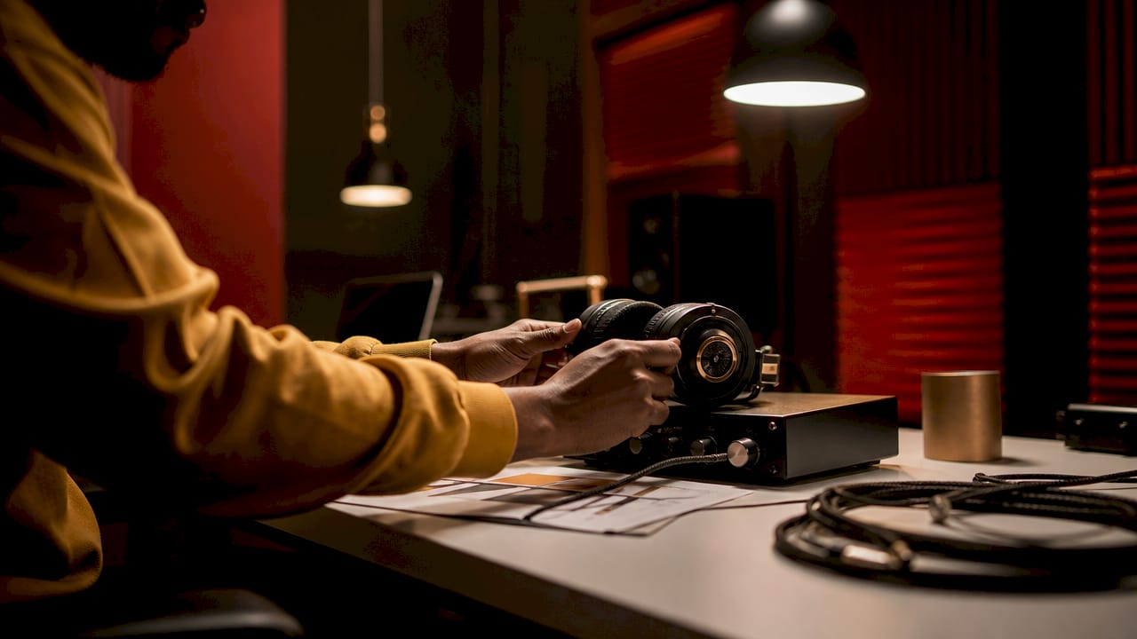 Sound engineer adjusting headphones on mixing console
