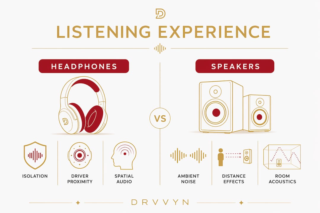 Infographic comparing headphone and speaker listening features