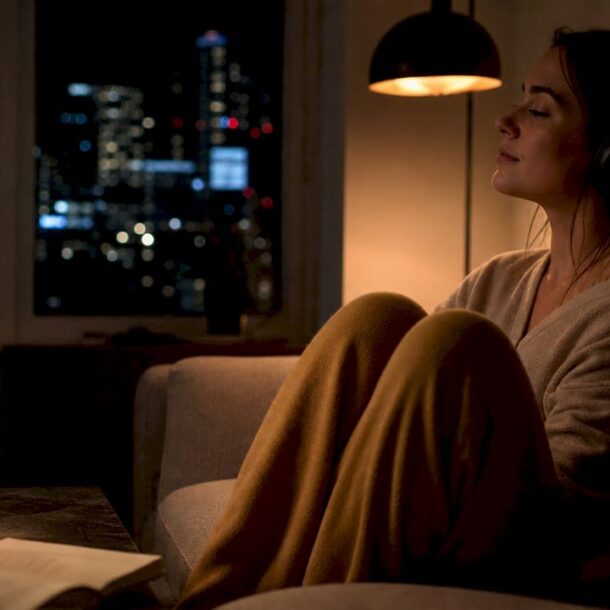 Woman listening to music alone at night in cozy apartment