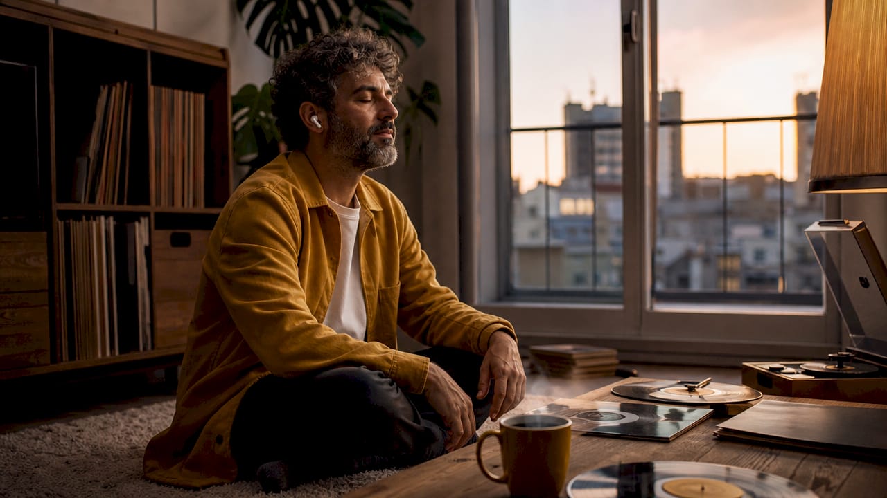 Man emotionally immersed in music with earphones