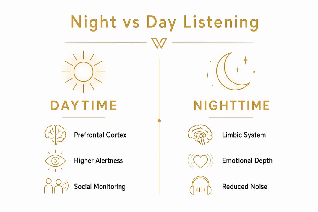 Infographic comparing daytime vs nighttime listening experiences