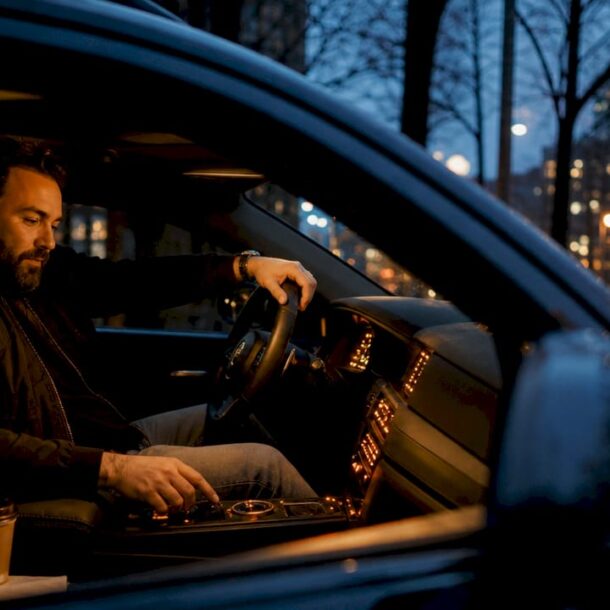 Man in car adjusting night commute music