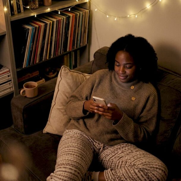 Young woman scrolling social media late night in bedroom