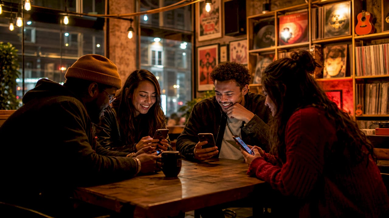 Group of diverse friends engaging with music social media at night in loft