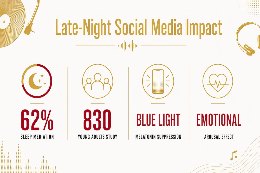 Infographic illustrating late-night social media impact on sleep and music engagement