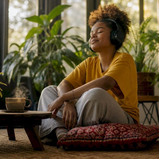 Young woman listening to healing music peacefully