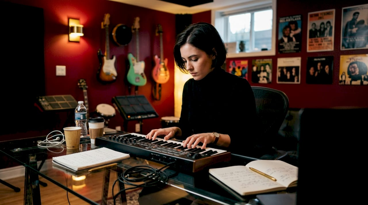 Hands playing keyboard synthesizer in home studio