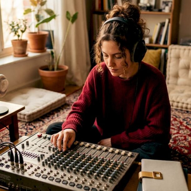 Woman wearing headphones adjusting binaural audio mixer