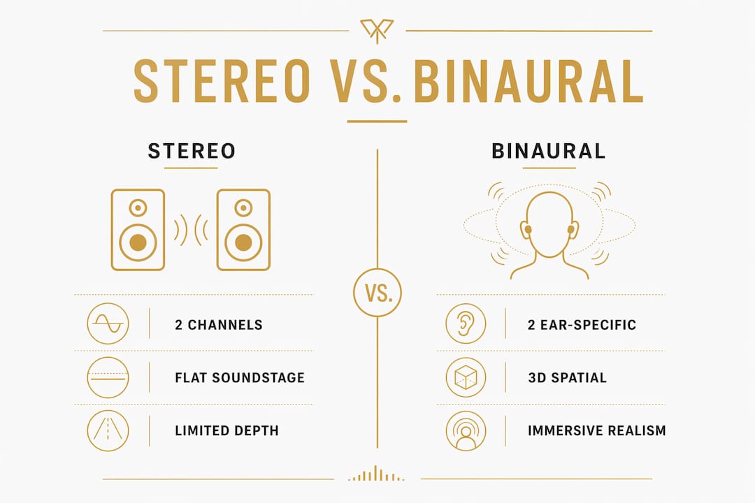 Infographic comparing stereo and binaural audio features