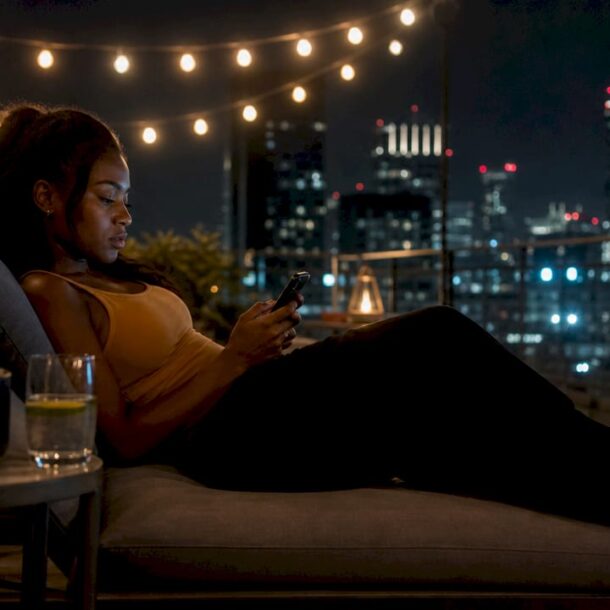 Woman selecting nighttime music on phone in cozy living room