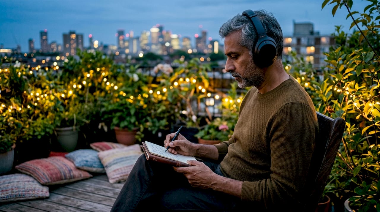 Man listening to curated nighttime music on headphones