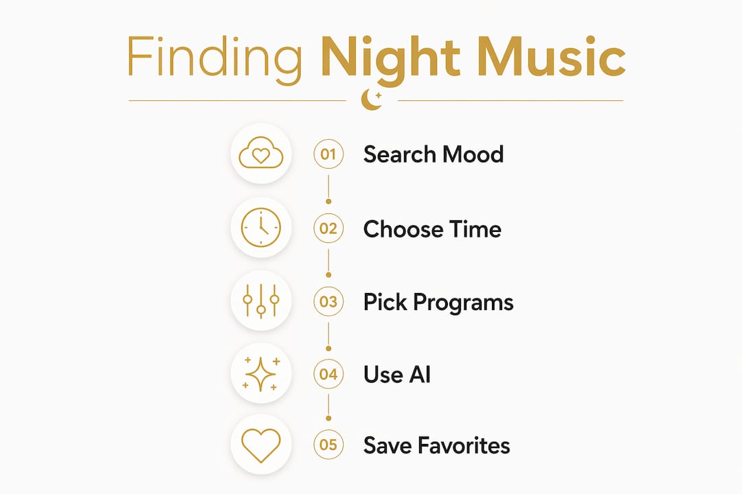 Infographic outlining steps to find nighttime music