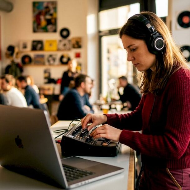 Music producer working in home studio