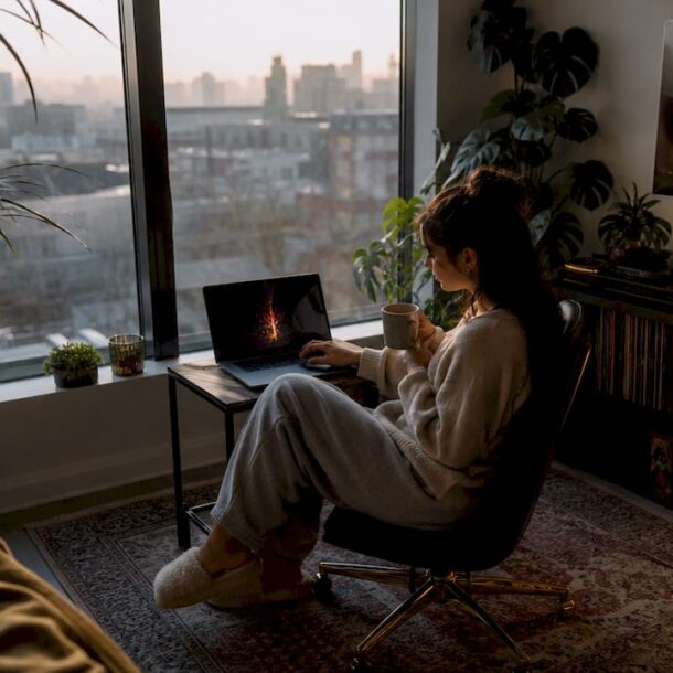 Woman enjoying late-night music visualizer in cozy living room