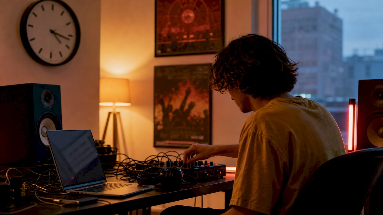 Hands adjusting music visualizer tech equipment at night