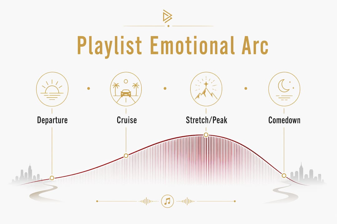 Infographic illustrating four stages of a late-night playlist arc