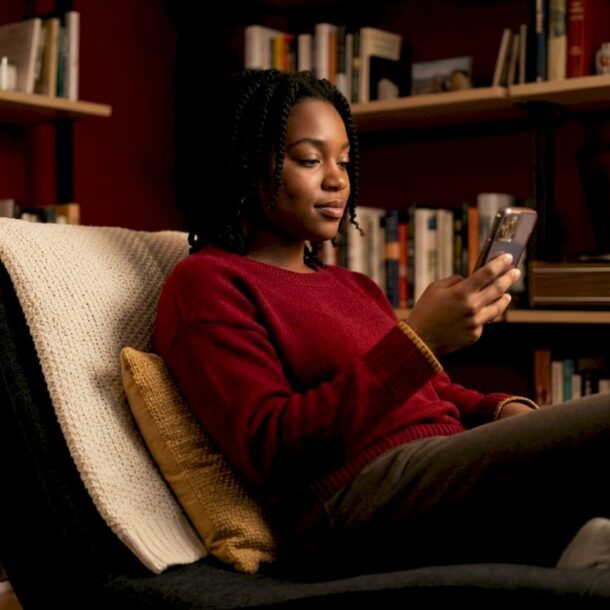 Woman browsing music playlists at home at night