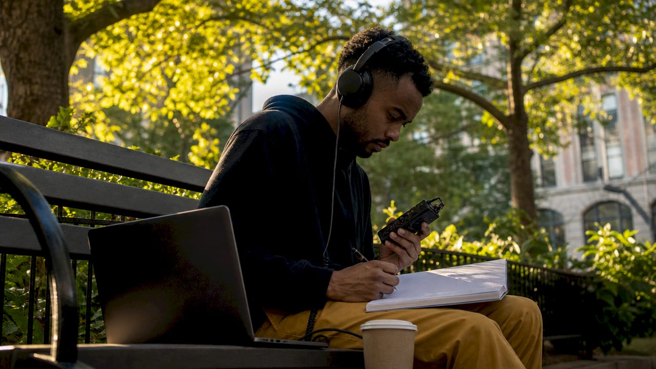 Man listening to layered urban soundscape recordings