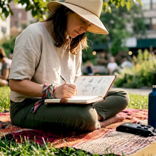 Sound artist writing notes outdoors on park bench