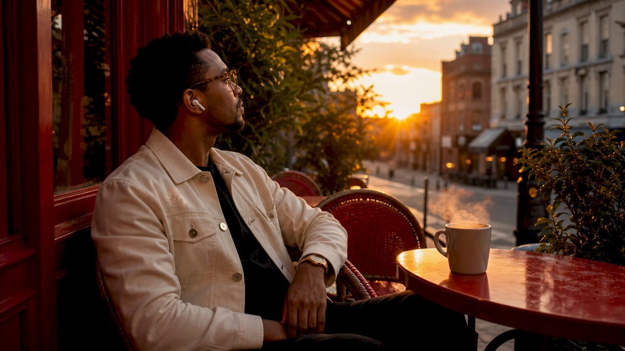 Man immersed in solitary music outdoors