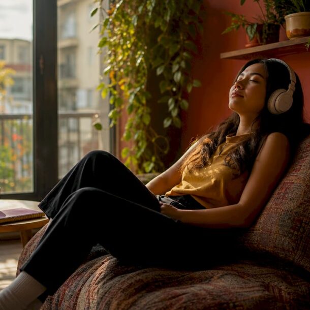 Young woman enjoying music alone at home