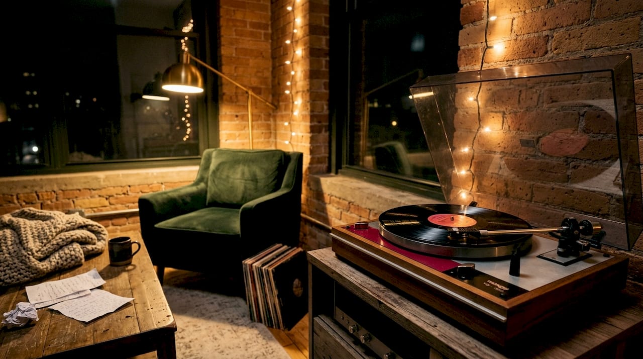 Vinyl turntable playing love songs in bedroom at night