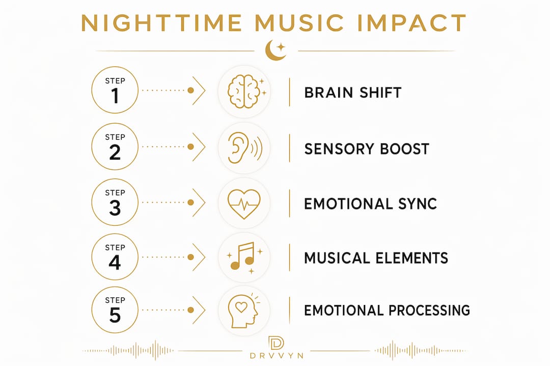 Infographic illustrating the stages why love songs resonate at night