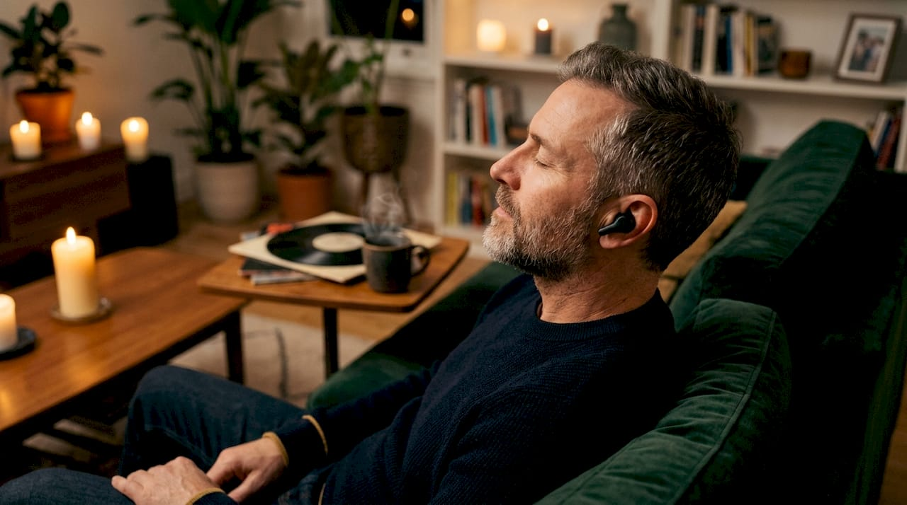 Man peacefully listening to cinematic night music
