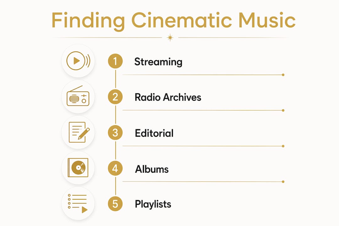 Infographic illustrating tools to find cinematic night music