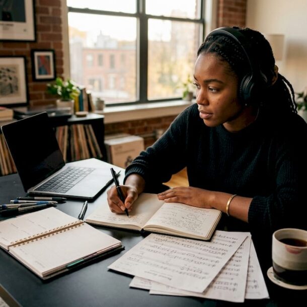 Woman studying with headphones and music nearby