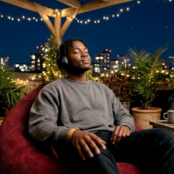 Man listening to bass music at night in apartment