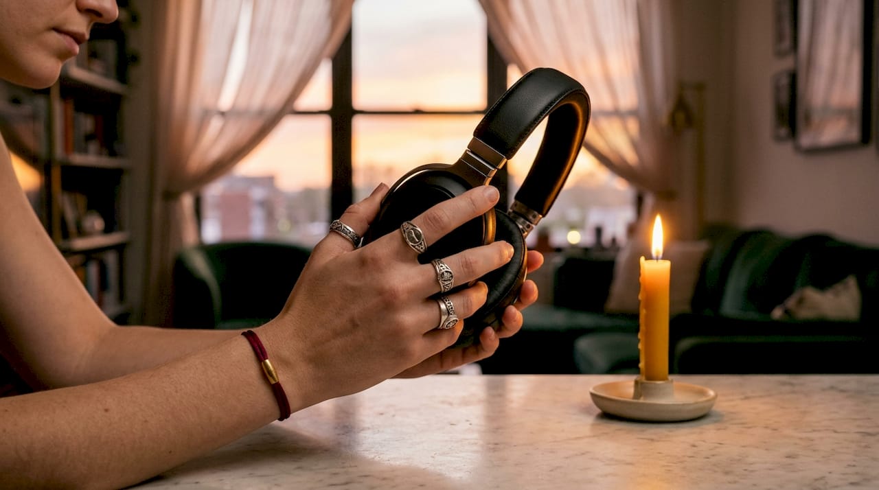 Hands holding headphones in dim room