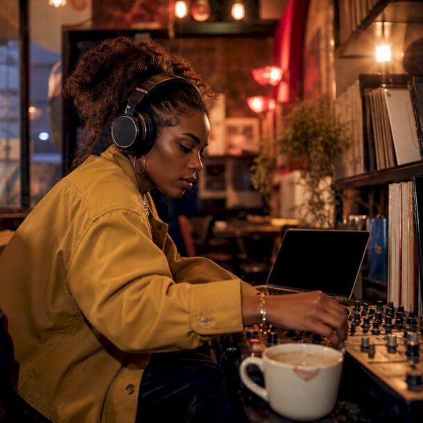 Music producer composing late at night