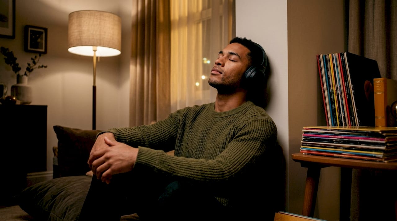 Man reflecting on music response at night