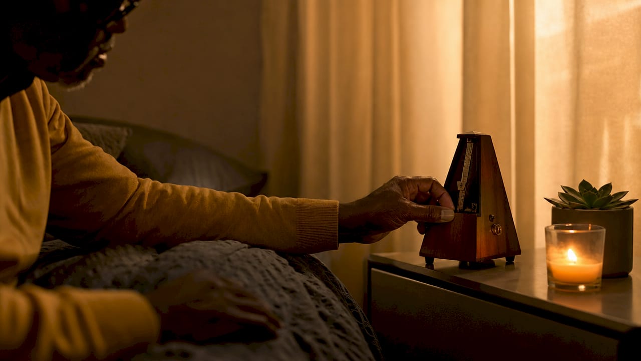 Hands setting metronome to ideal sleep music tempo