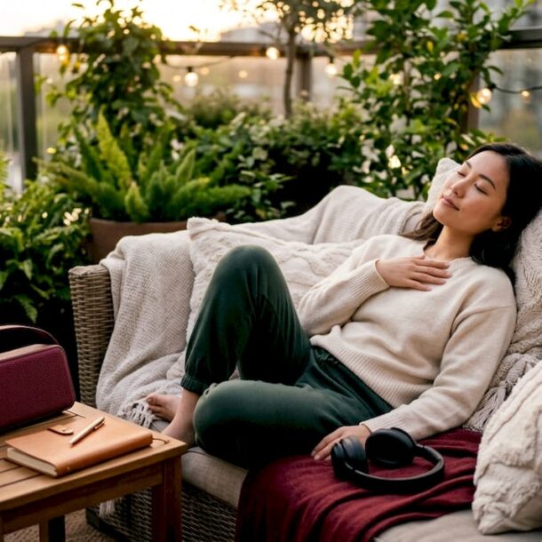 Woman listening to music for insomnia relief in bedroom