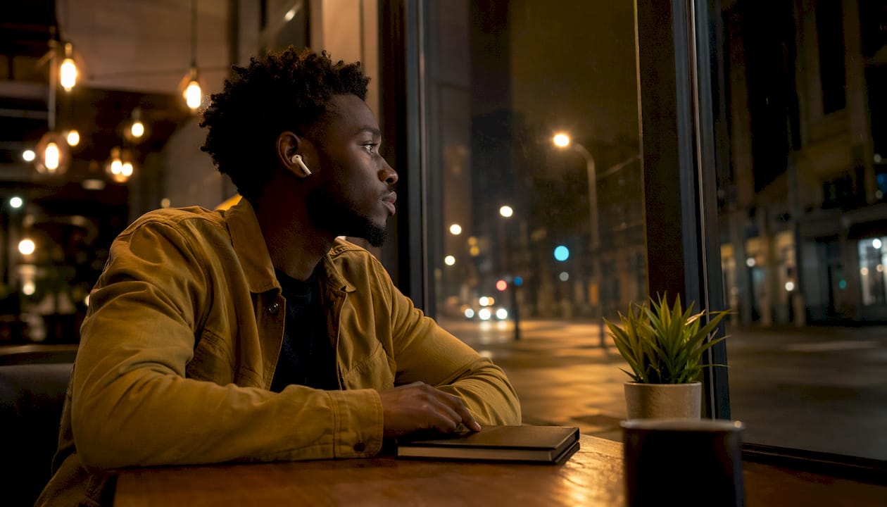 Man listening to music in home office at dusk