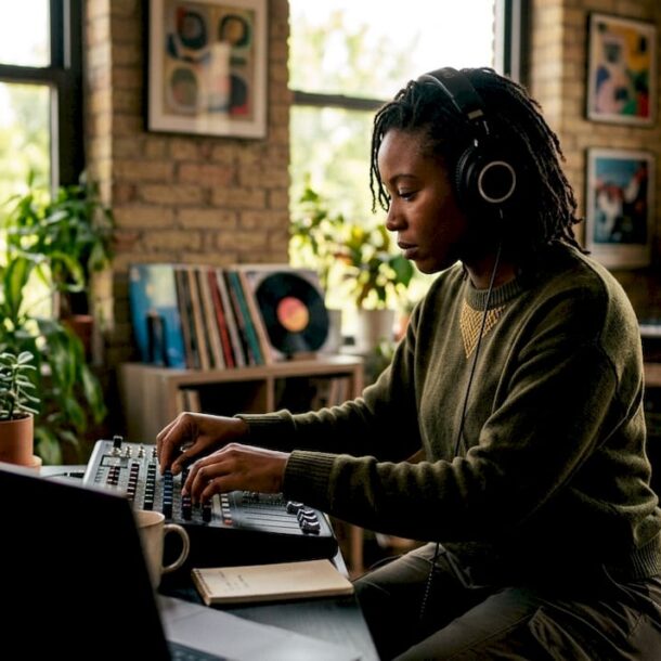 Music producer adjusting mixing console in home studio