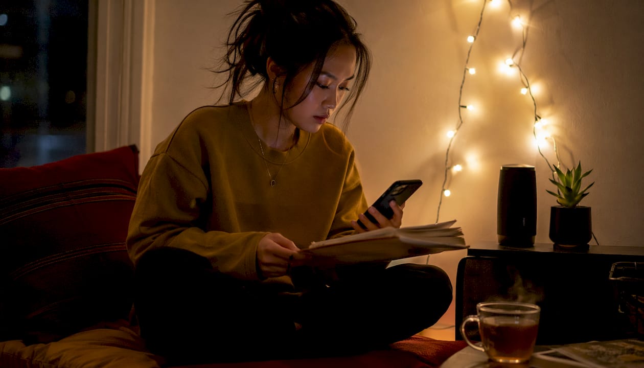 Woman curating alternative R&B playlist at desk